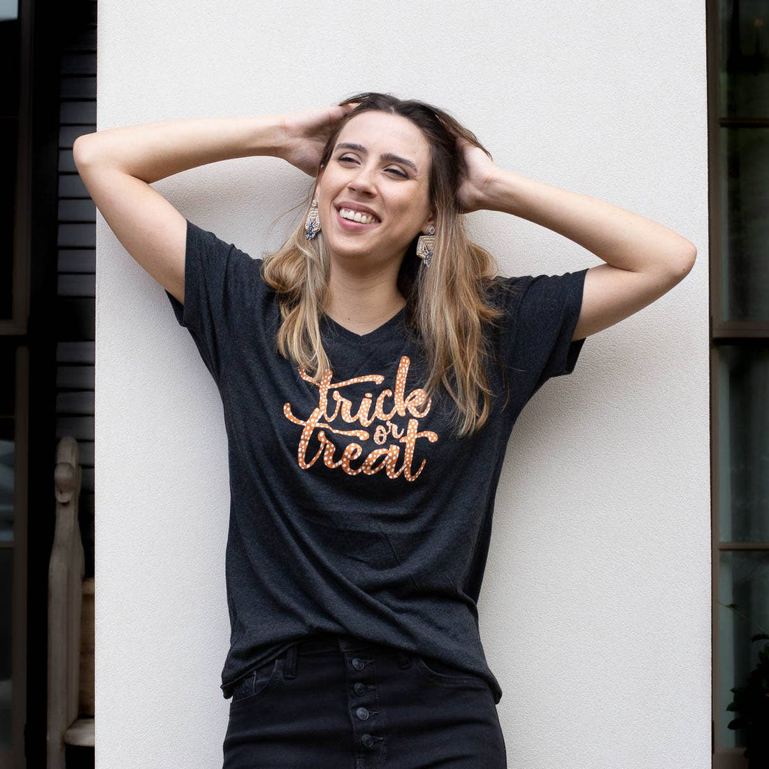 Trick or Treat V-Neck T-Shirt Black/White/Orange -Asst.: Small