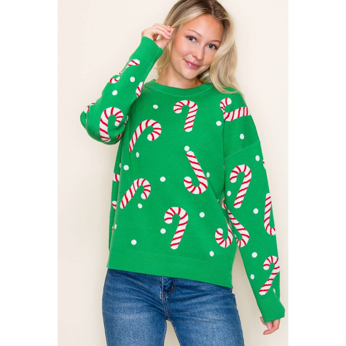 CHRISTMAS CANDY CANE SWEATER: GREEN / S-M-L-XL(2-2-2-1)