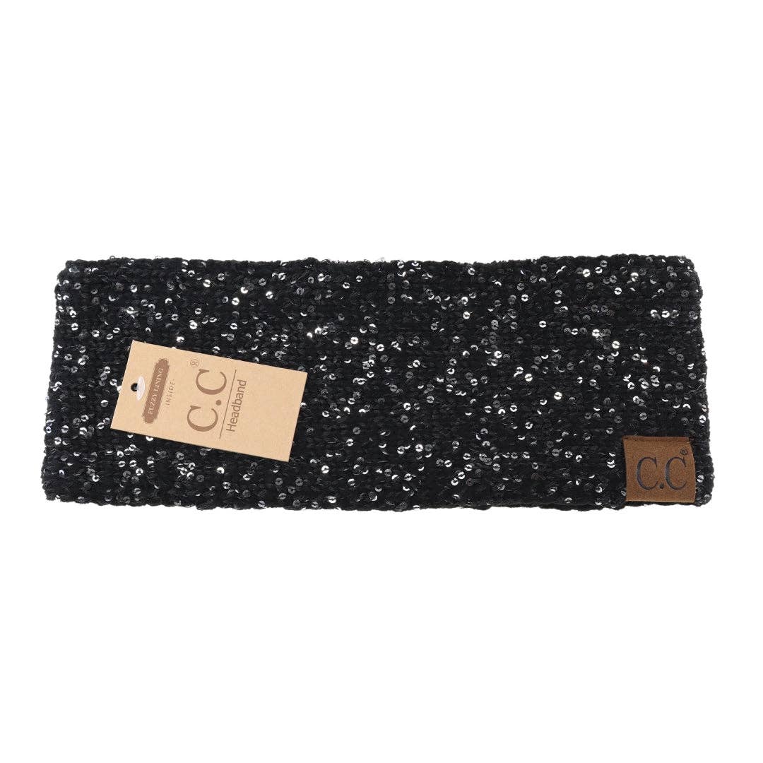 Fuzzy Lined Scatter Sequin Fashion Headband for Women: Black/Silver