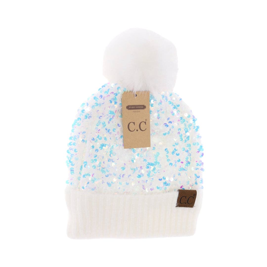 Cluster Sequin Faux Fur Pom C.C Beanie HTE0012: White