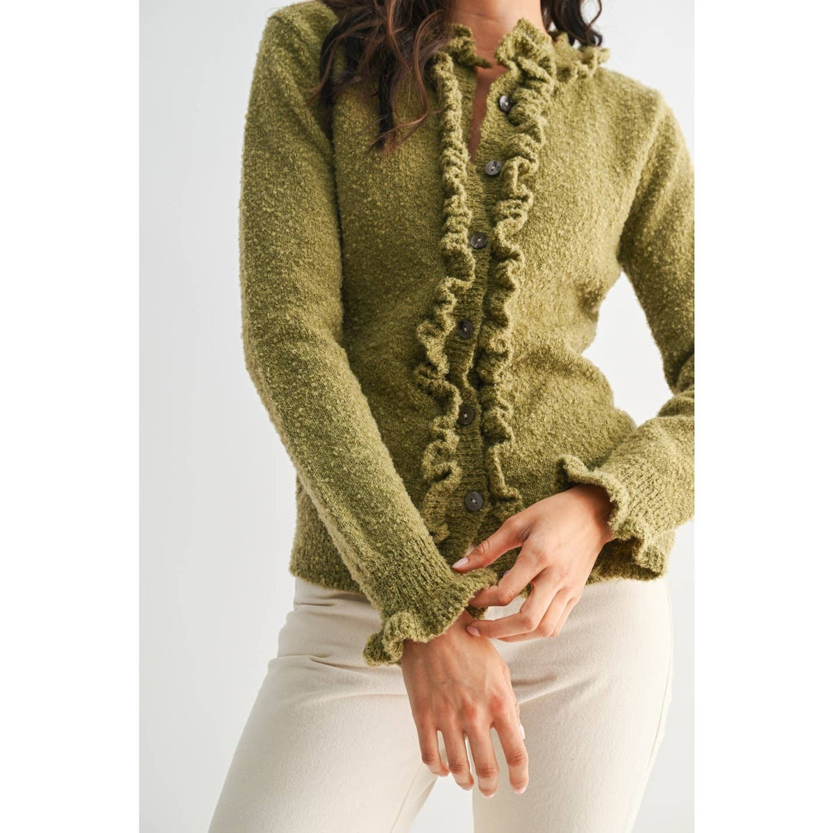 CEW26312 COZY RUFFLED-TRIMMED CARDIGAN: Burgundy / S-M-L(3-2-1)