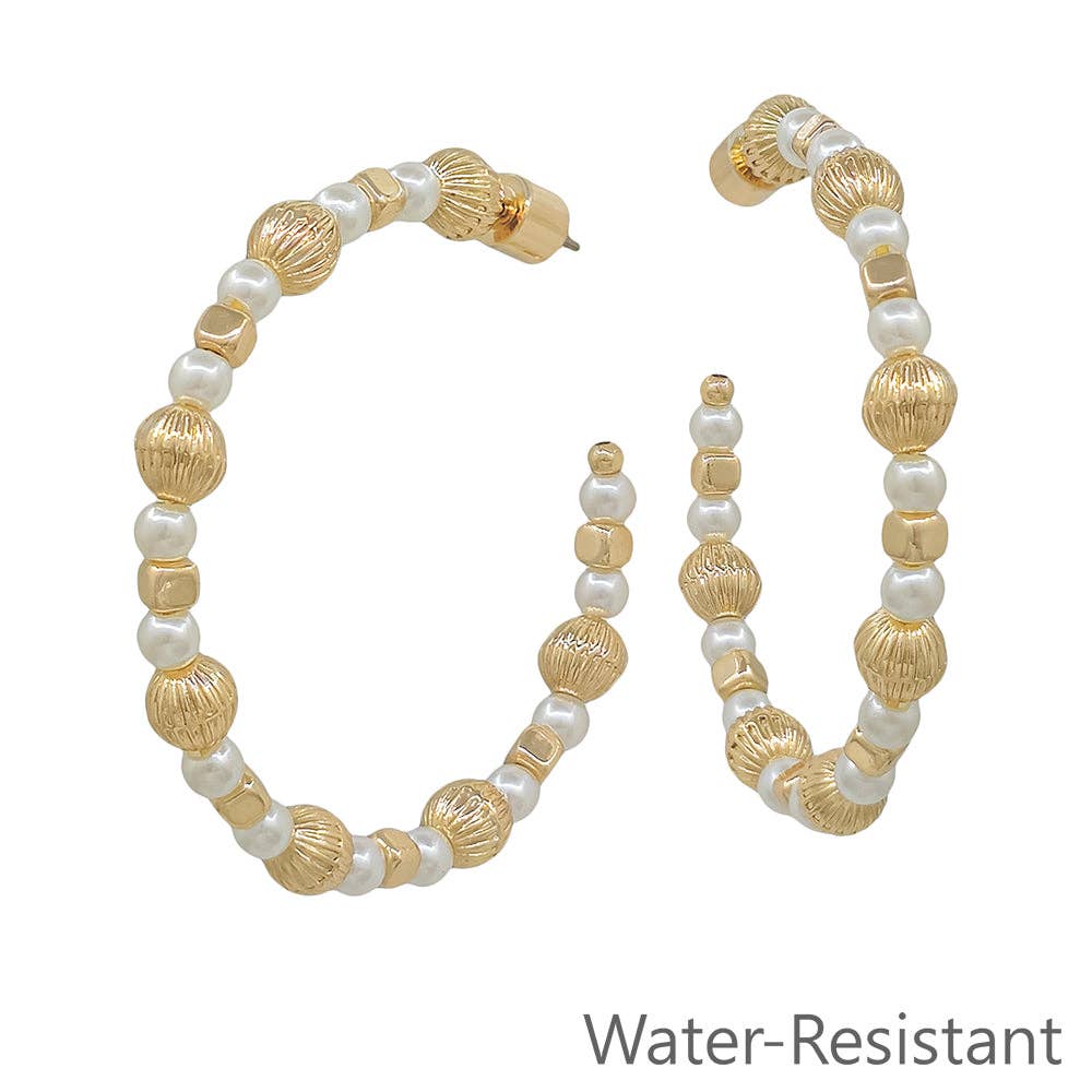 Water Resistant Pearl and Gold Beaded 2" Hoop Earring
