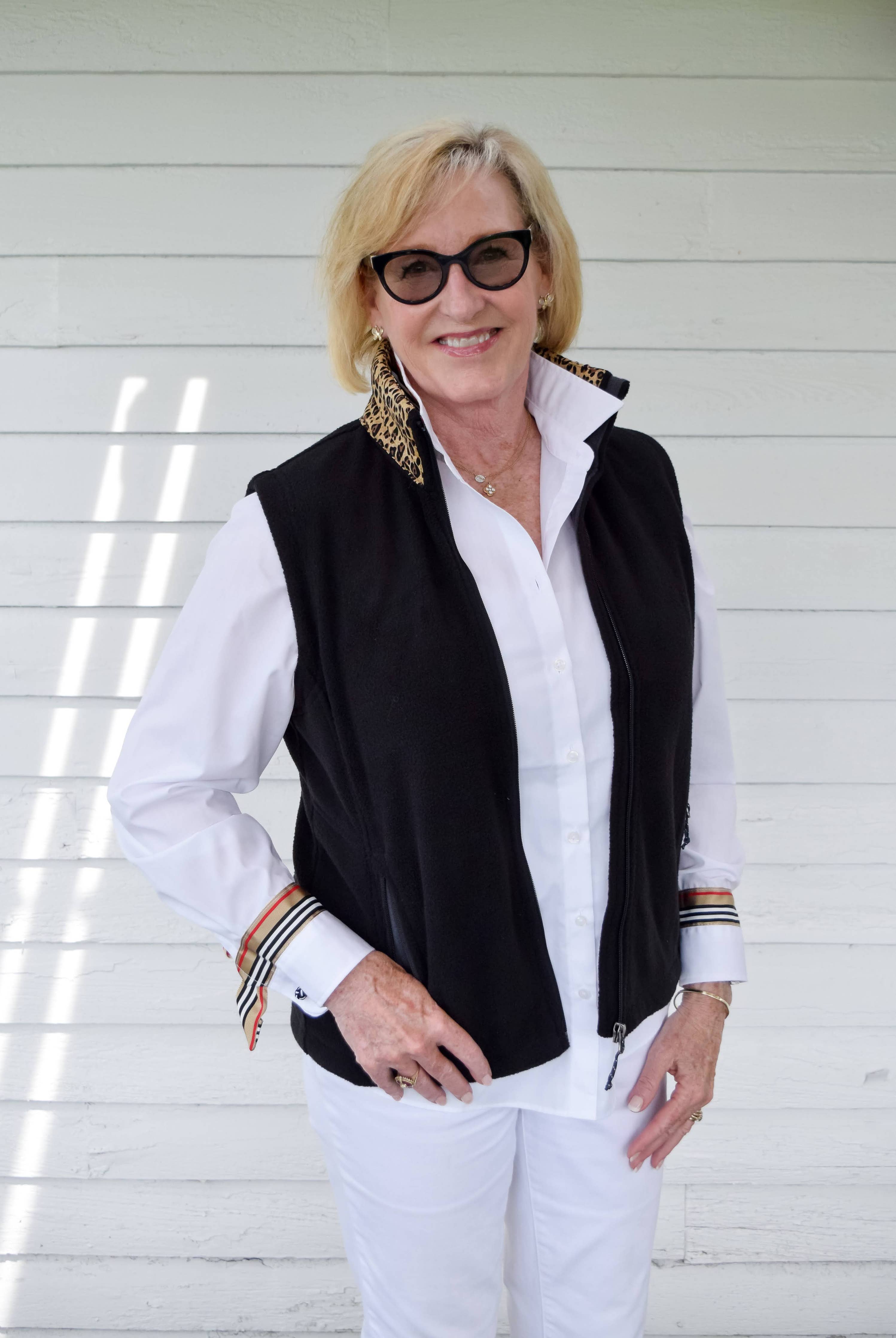 Audrey White Button Down Shirt with Khaki Stripe Ribbon: White w Kayla Khaki Stripe Ribbon / M