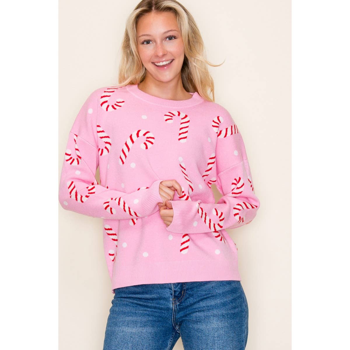 CHRISTMAS CANDY CANE SWEATER: GREEN / S-M-L-XL(2-2-2-1)