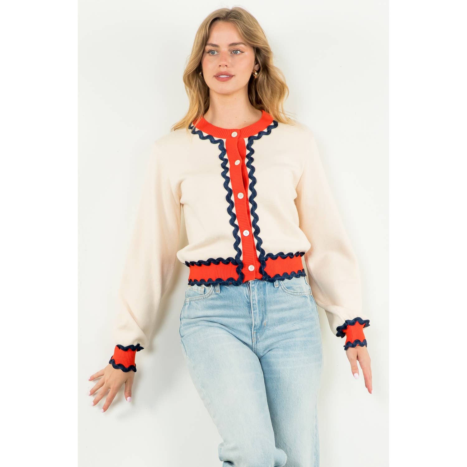Button Up Knit Cardigan: CREAM / XS-S-M-L(1-2-2-1)