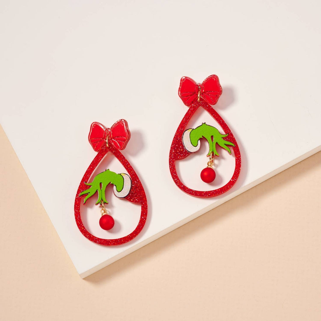 Christmas Green Monster Hand Dangling Earrings: Red