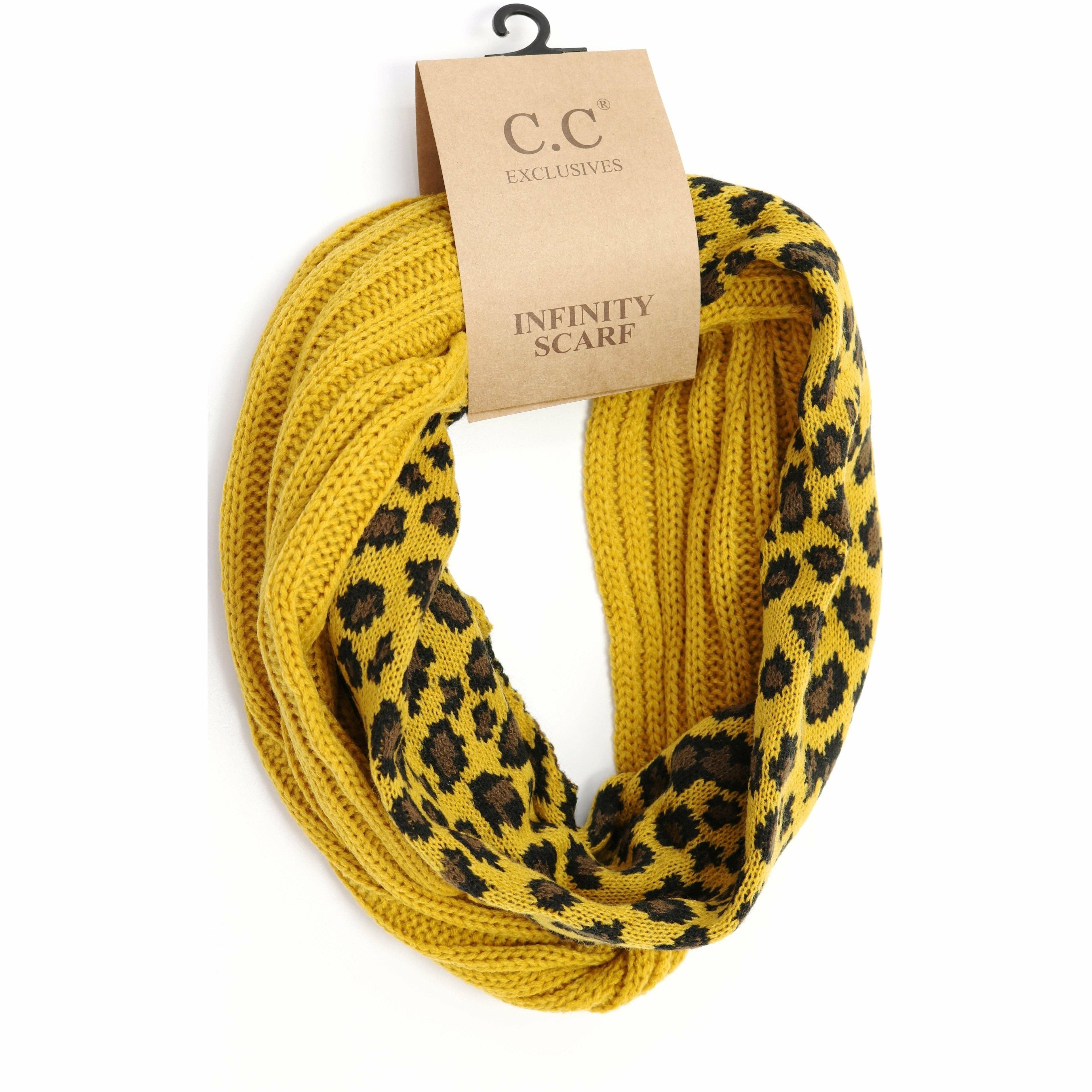 Ribbed Knit Leopard Accent CC Infinity Scarf SF80: Black