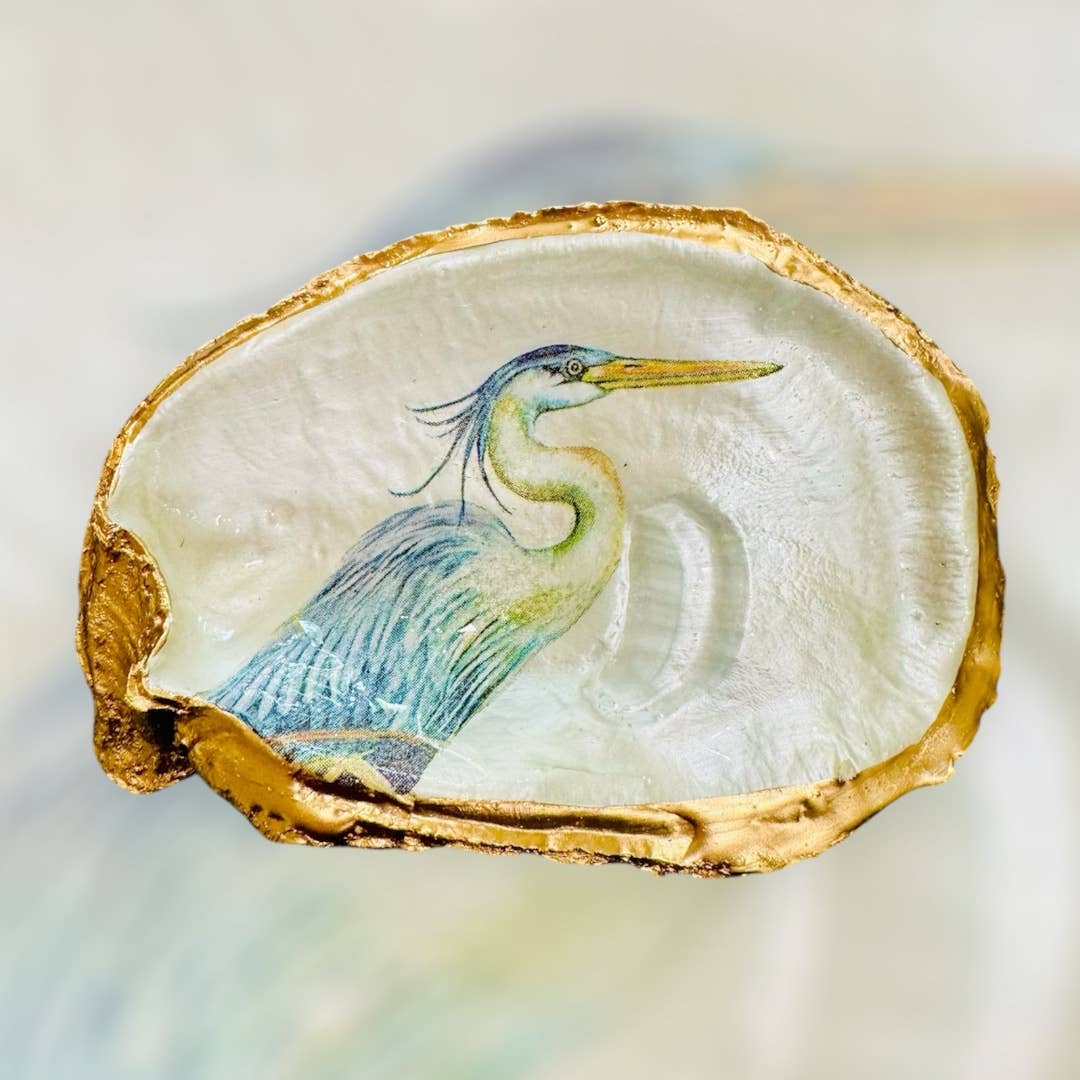 Oyster Shell Trinket Dish,Blue Heron Trinket Dish