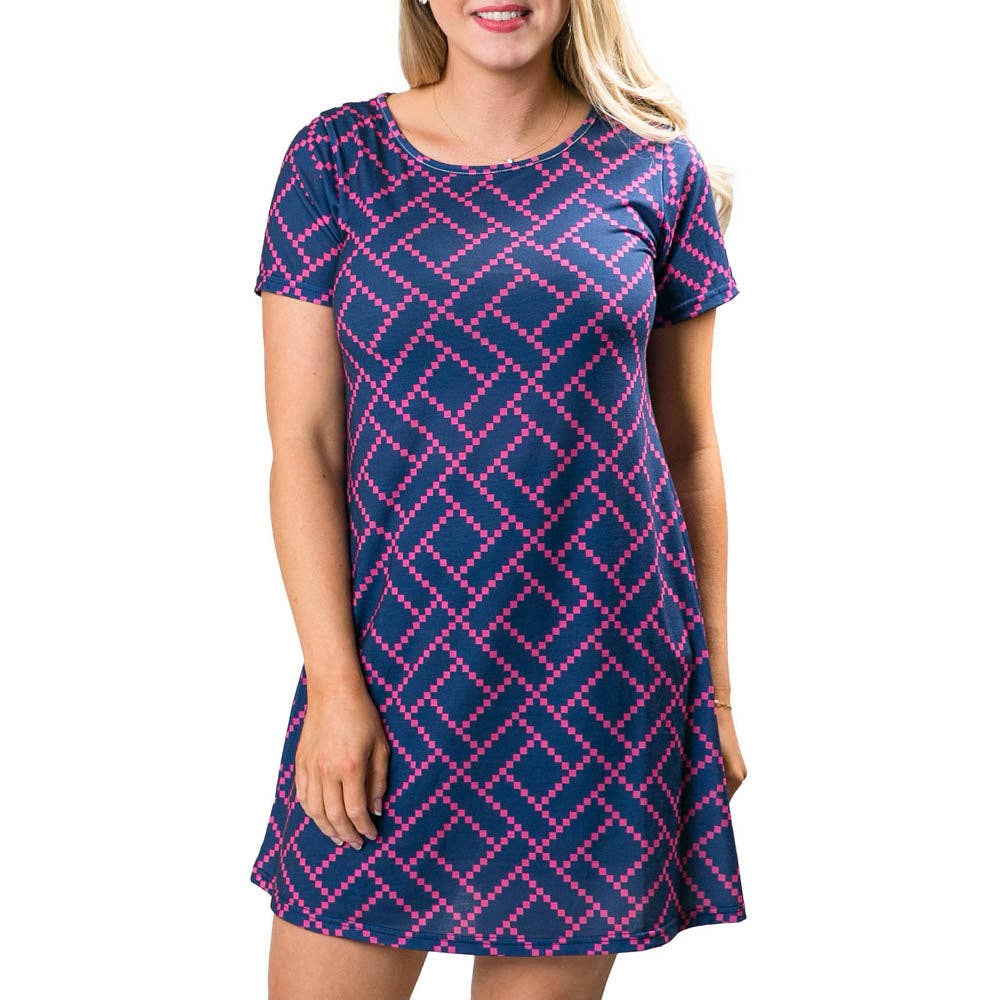 Gia T-Shirt Dress Navy and Pink Diamond / Large
