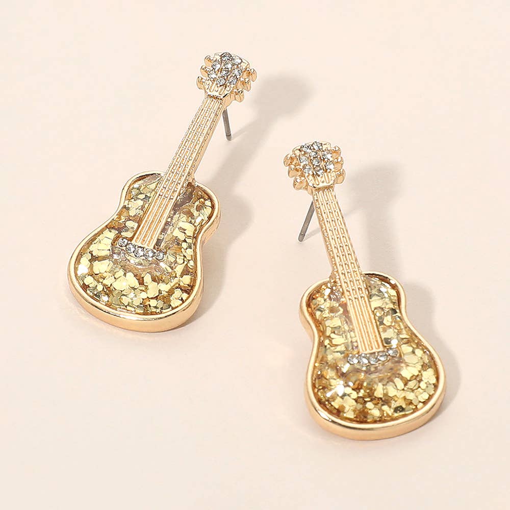 Glittered Guitar Earrings: Black,Gold