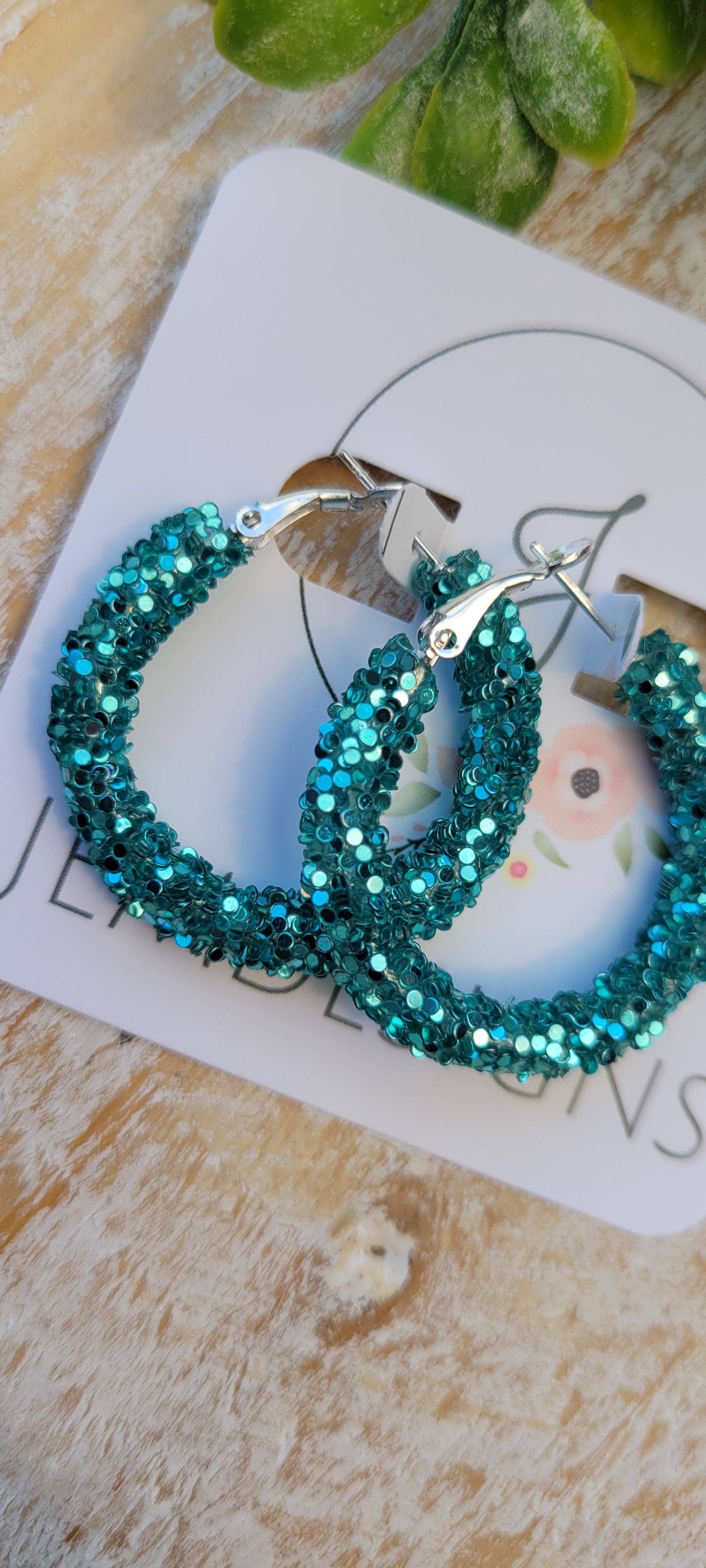 Teal Glitter Hoop Earrings