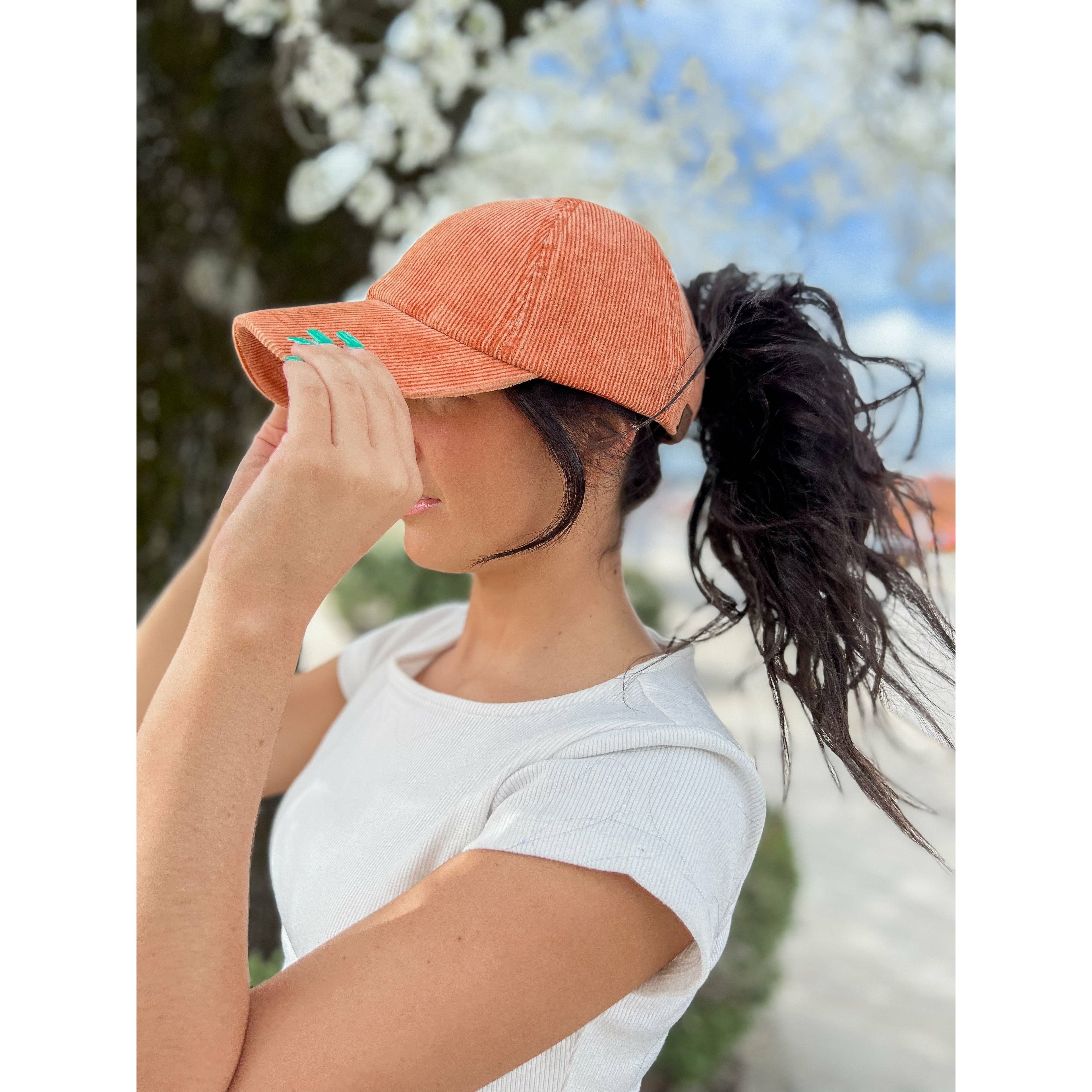 Stonewashed Corduroy Criss Cross High Pony C.C Ball Cap BT10: Black