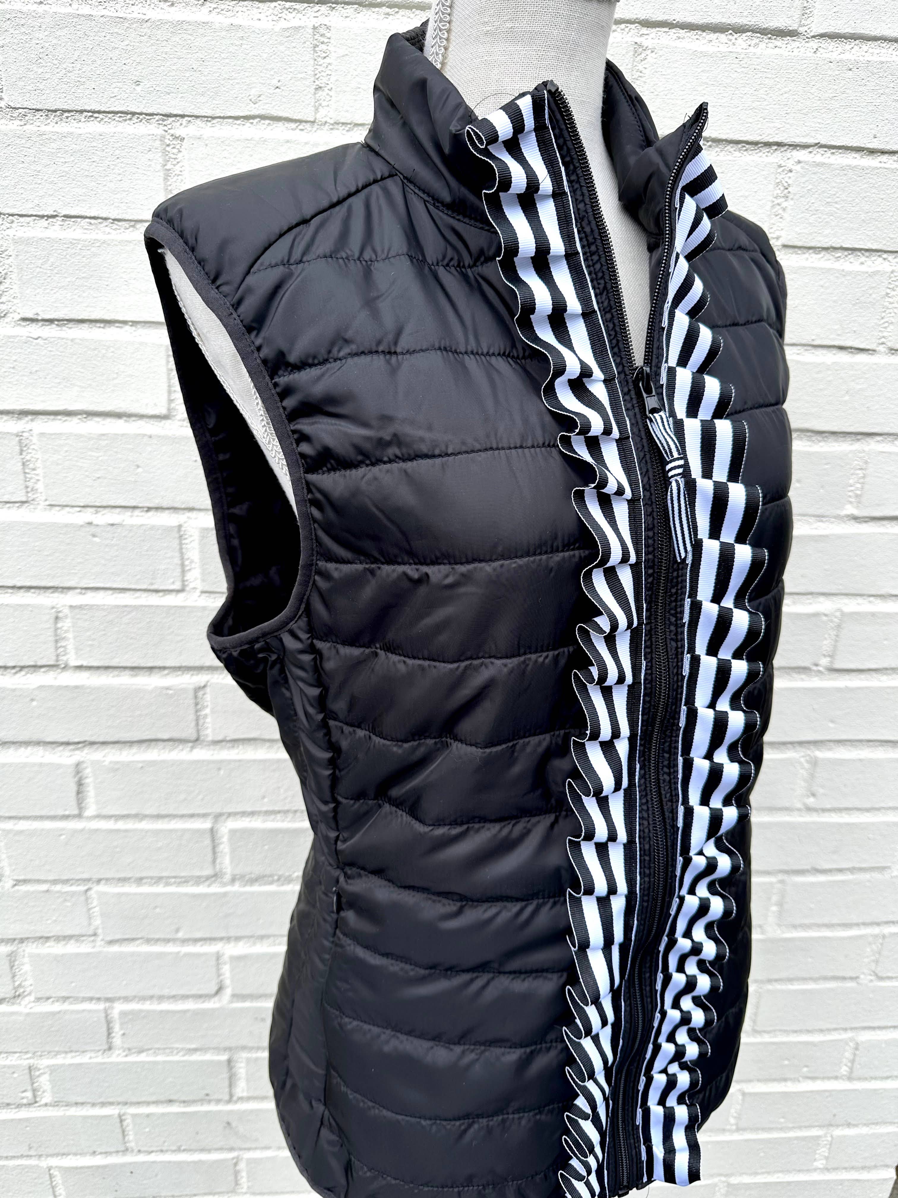 Maggie May Ruffle Puffer Vest - Black w Black & White Ribbon: Black w Black White Stripe Ruffle Ribbon / Small