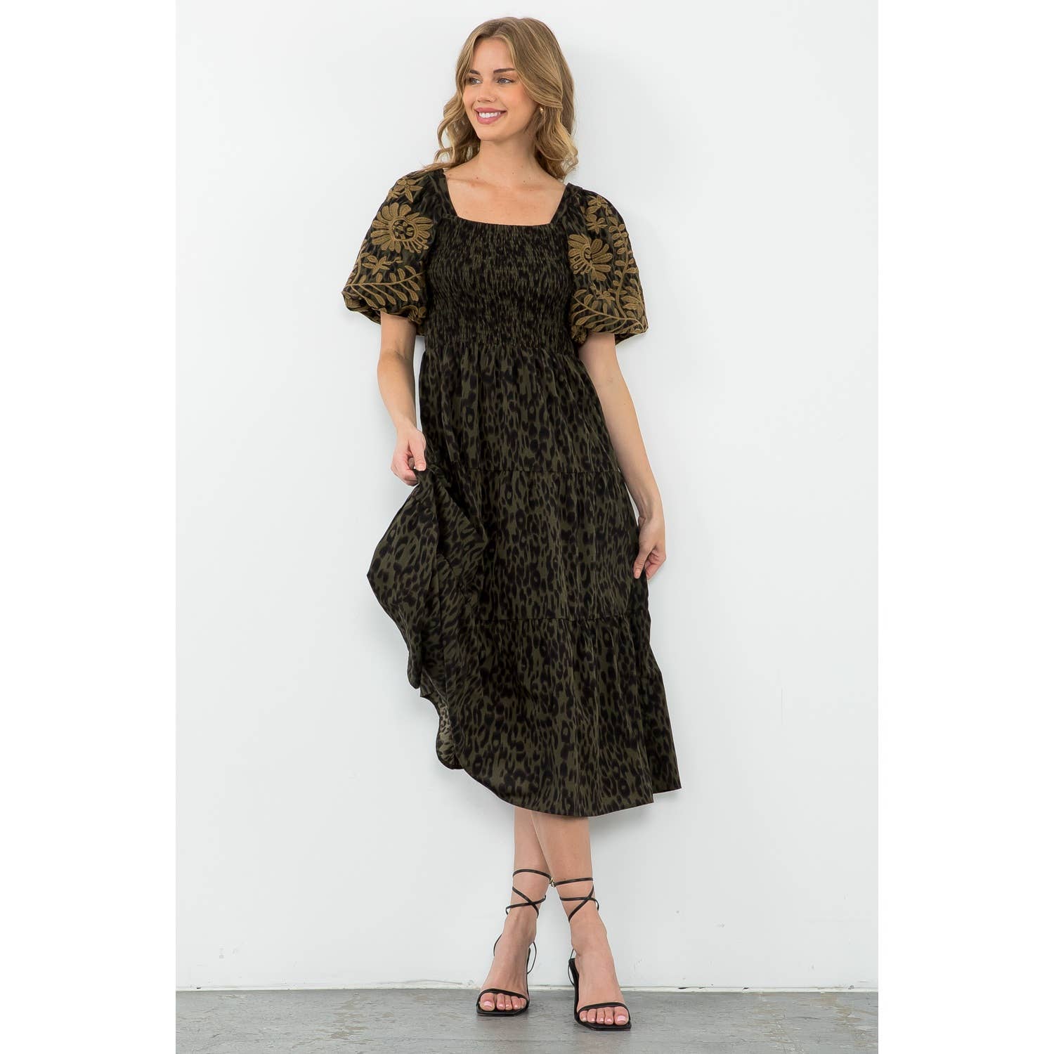 Olive Puff Sleeve Cheetah Print Midi Dress with Tiers: OLIVE