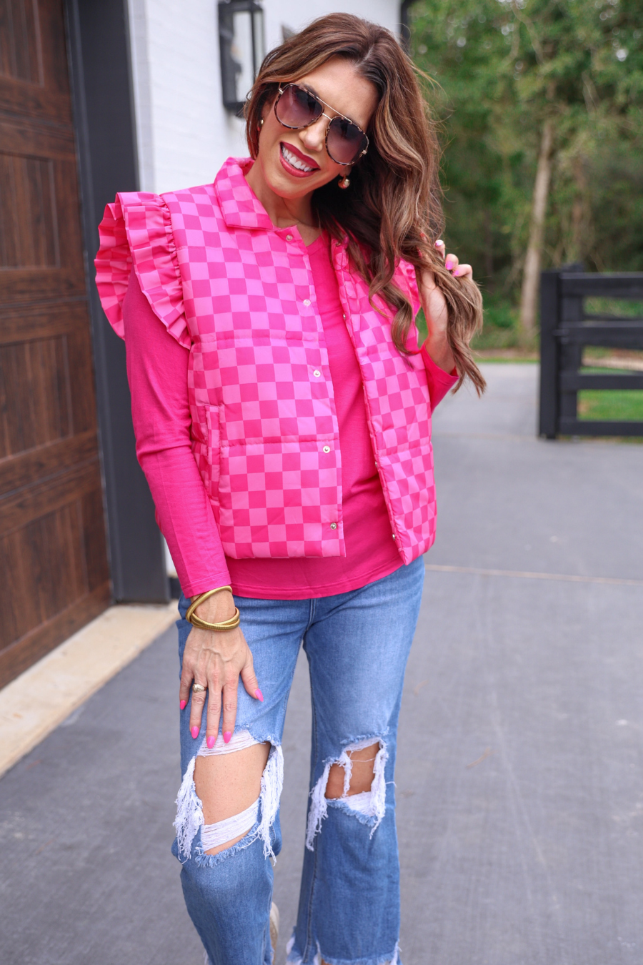 Caroline Checkered Puffer Vest: Pink