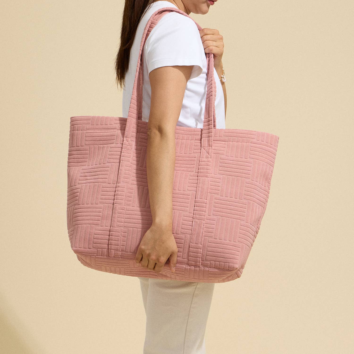 Quilted Tote Bag with Woven Texture: Light Blue / One / 5AG78035