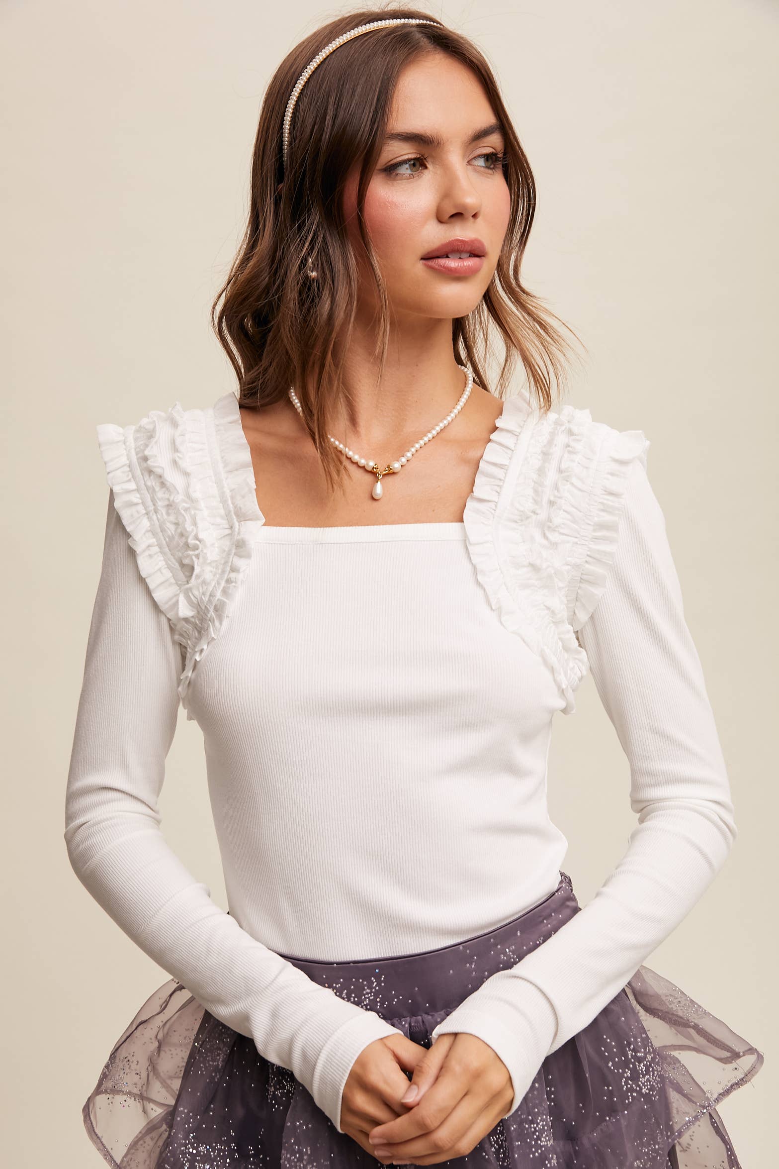Square Neck Ruffle Accent Top: Black / L