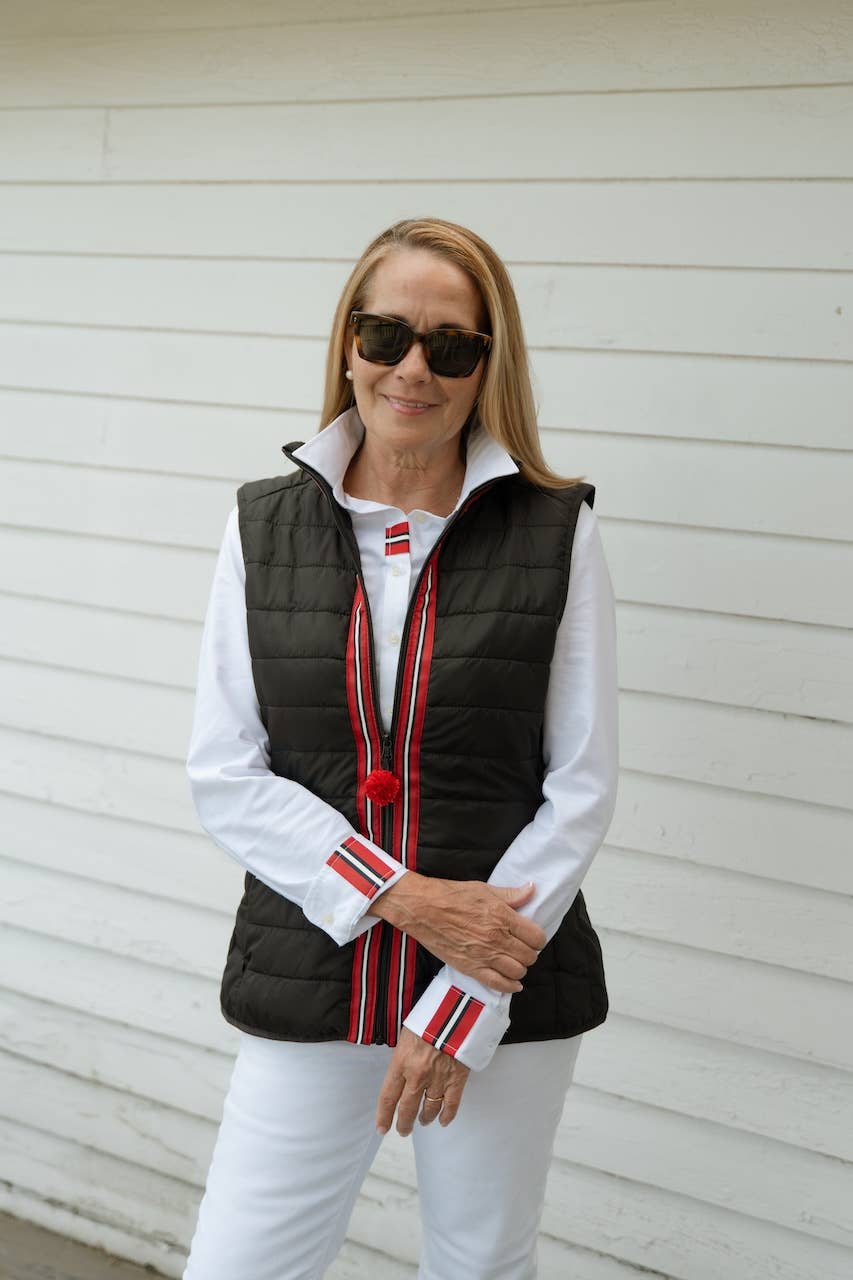 Maggie May Puffer Vest - Black w Black, White & Red Stripe: Black w Black White & Red Stripe Ribbon