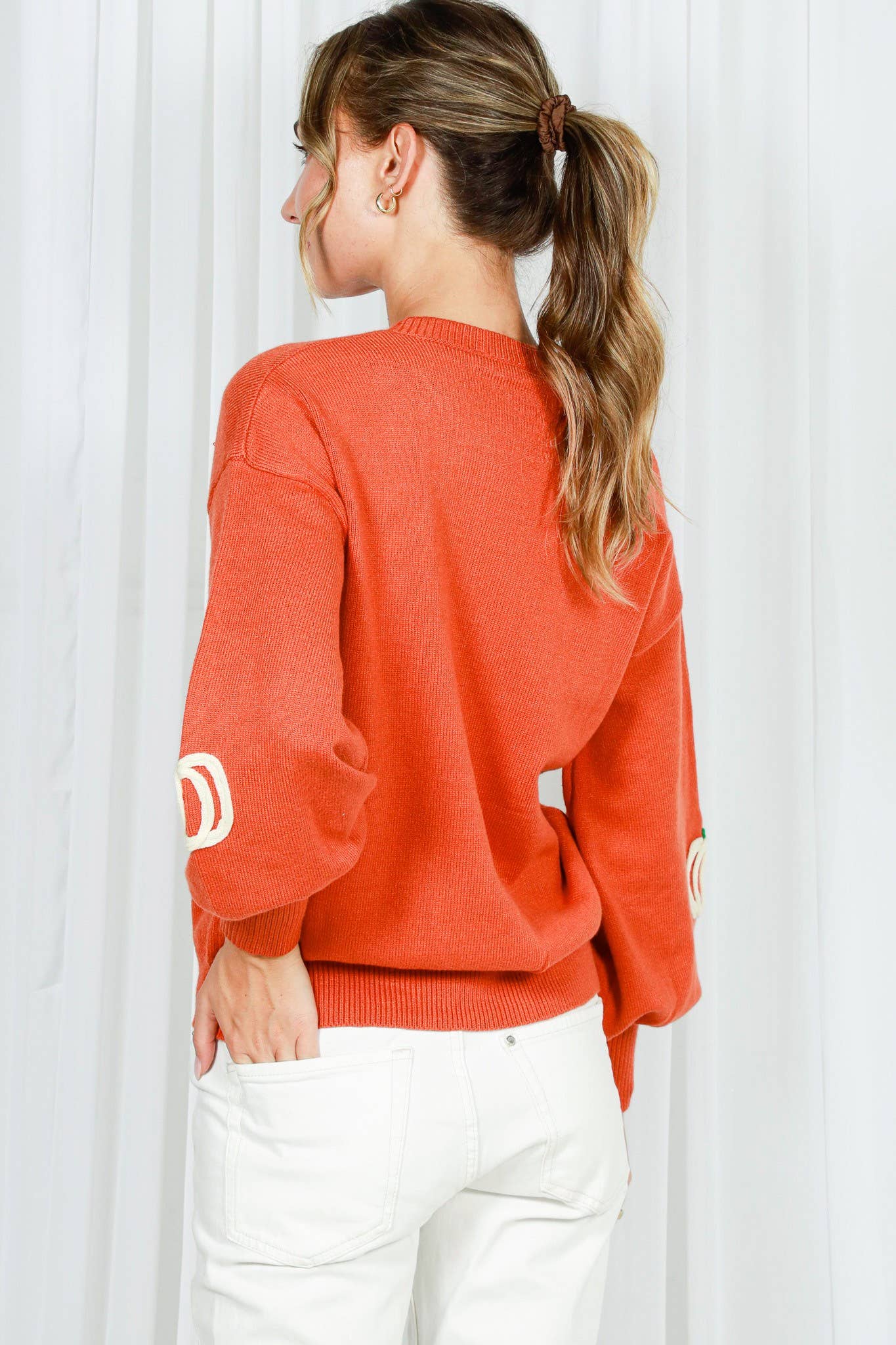 Pumpkin Embroidered Crew Neck Knitted Sweater Top VT82559: Pumpkin / L