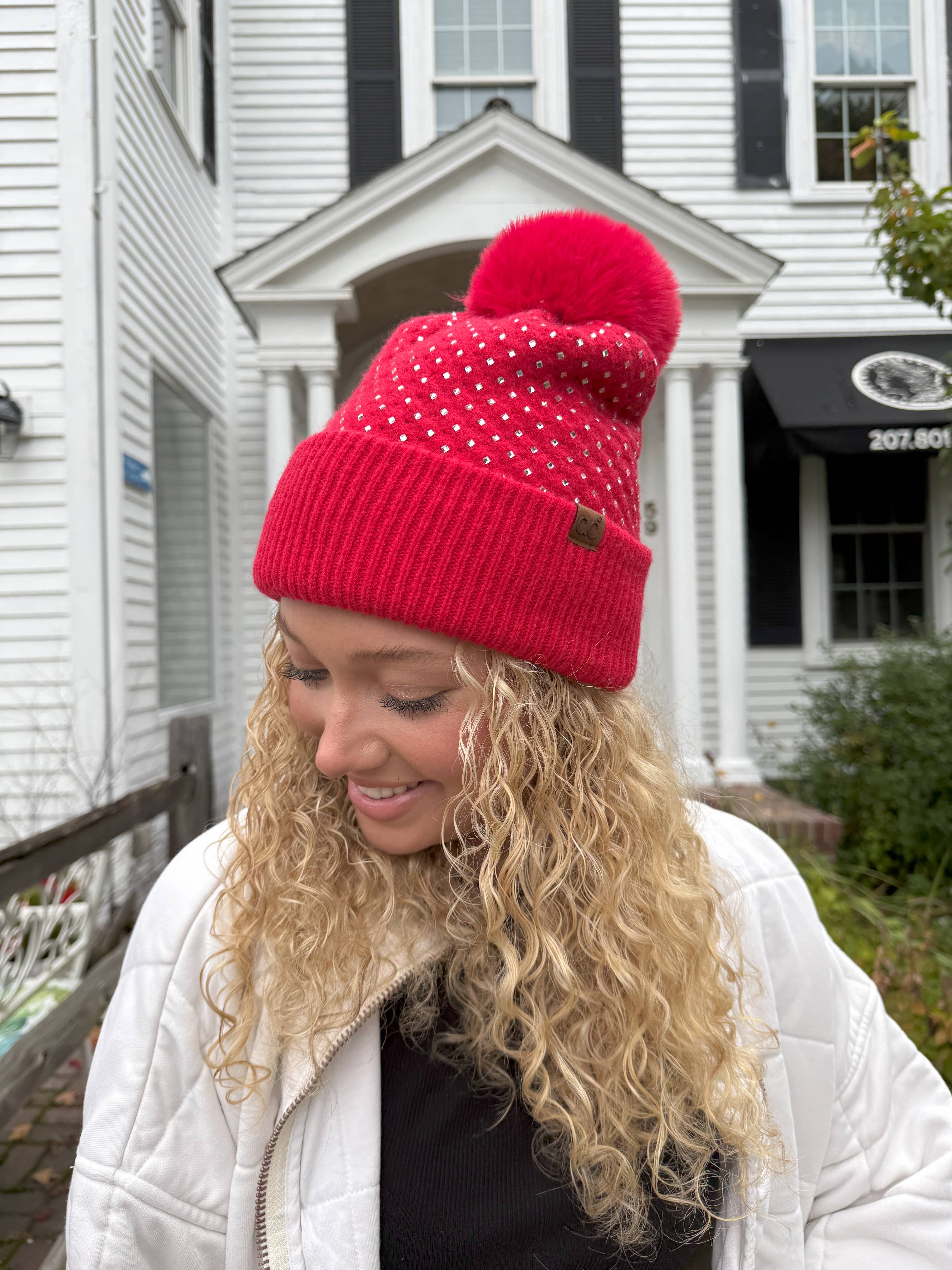 Allover Rhinestone C.C Faux Fur Pom Beanie HTE0101: Grey