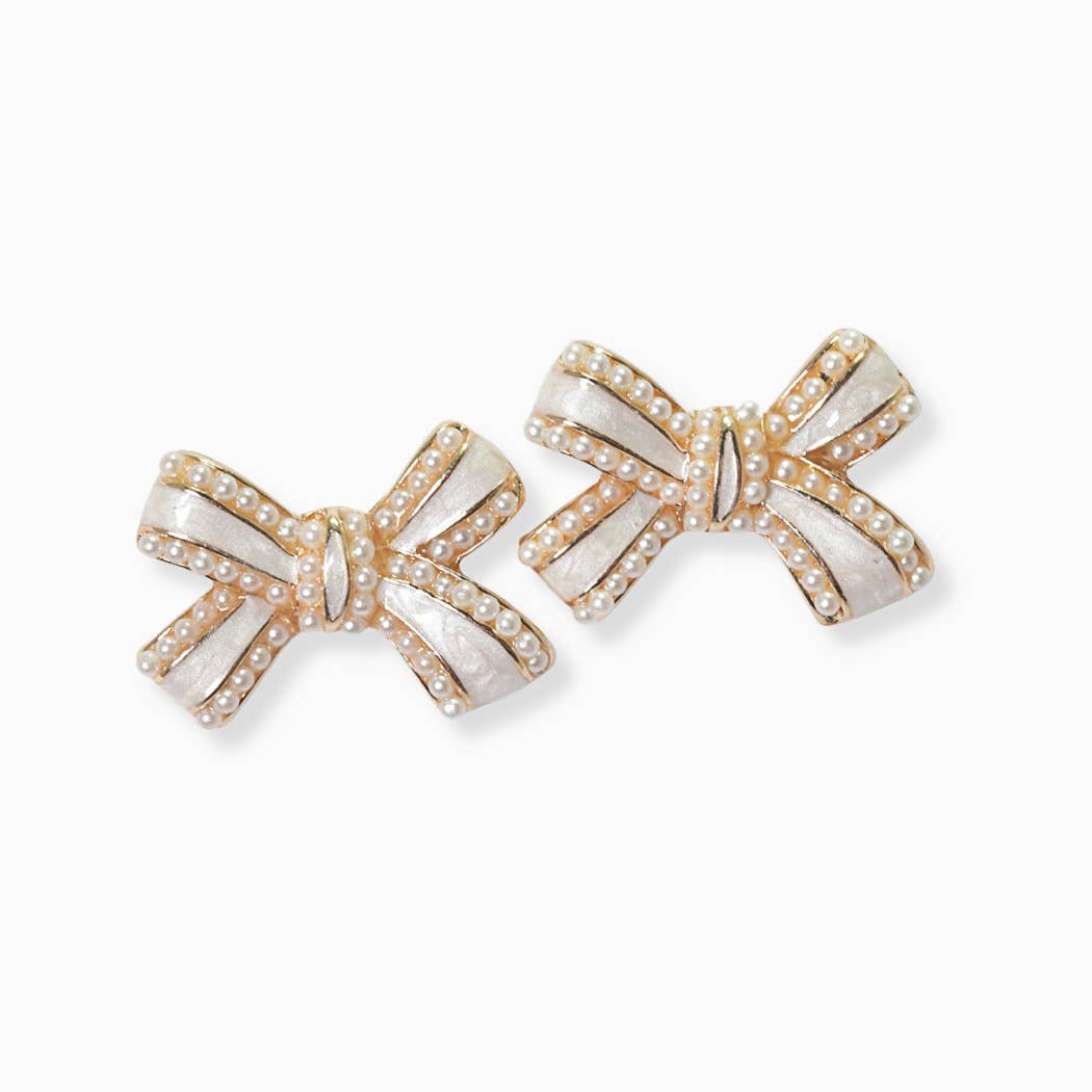 Ribbon bow studded pearl with enamel stud earring: Gold / ONE SIZE