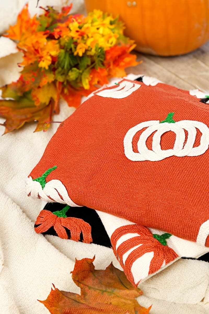 Pumpkin Embroidered Crew Neck Knitted Sweater Top VT82559: Pumpkin / L