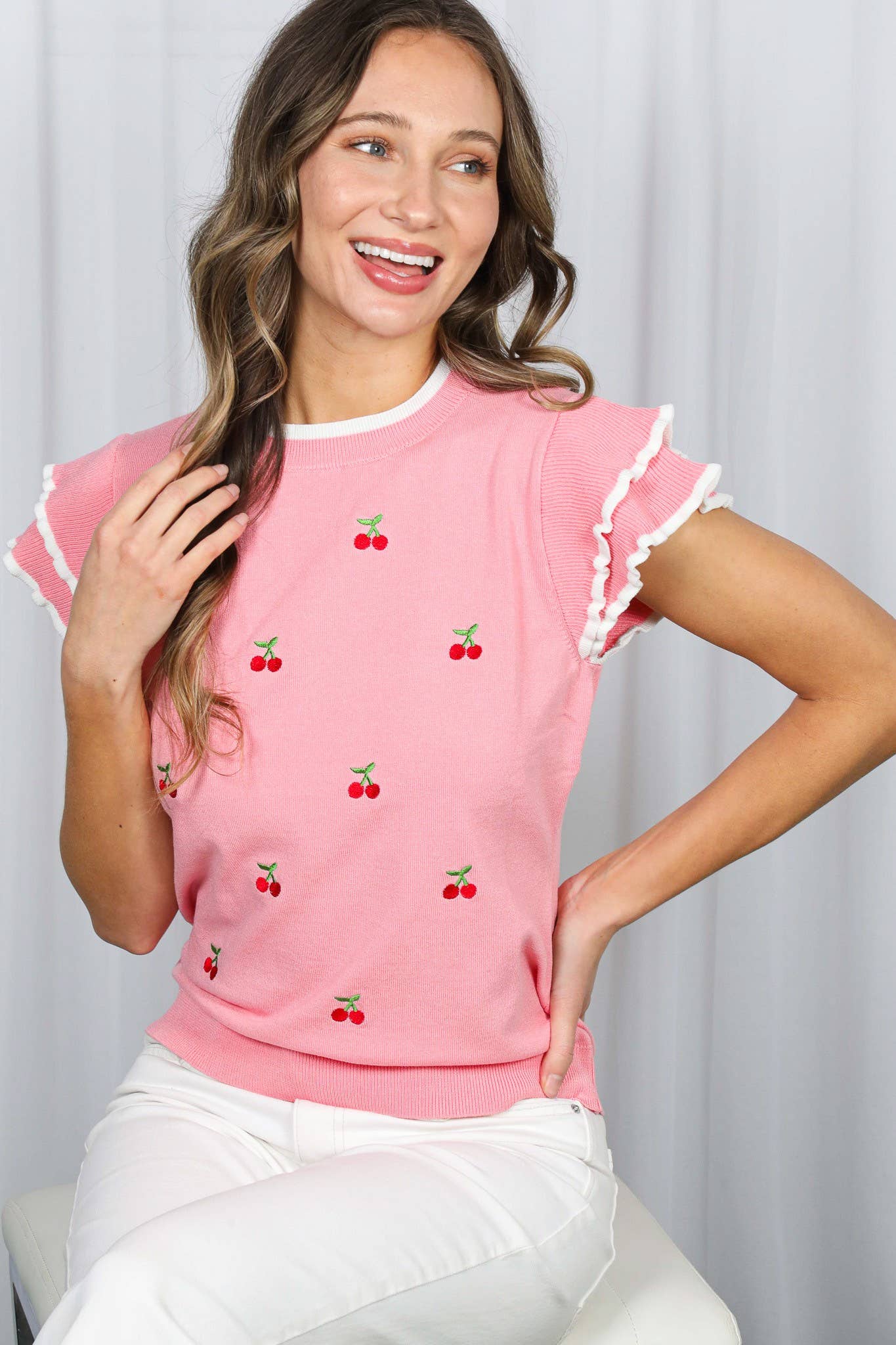 Cherry Embroidered Ruffle Sleeve Knitted Sweater VT82252B-: Green / M