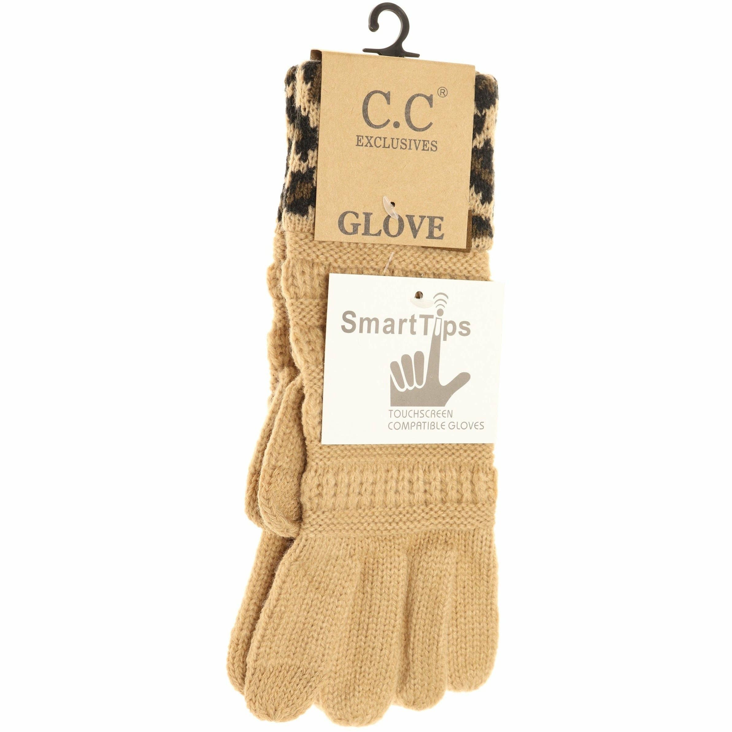 Solid Cable Knit Leopard Cuff CC Gloves G80: Black