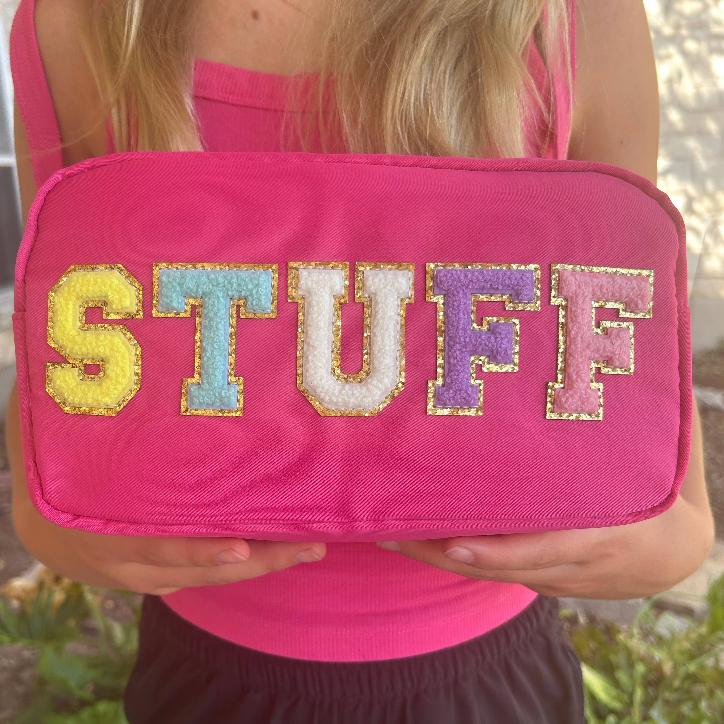 Cosmetic or Toiletry Bag with Varsity Letter Patches: Light Blue with CHEER