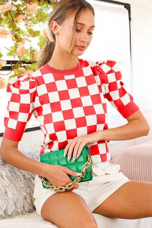 Crew Neck Short Puff Sleeve Checkerboard Sweater Top VT81345: RUST / L