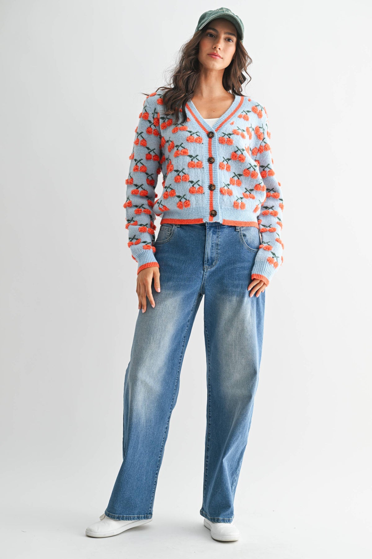 CJW26348 CHERRY KNIT WOOL CARDIGAN: LT.BLUE/ORANGE MULTI / S-M-L (3-2-1)