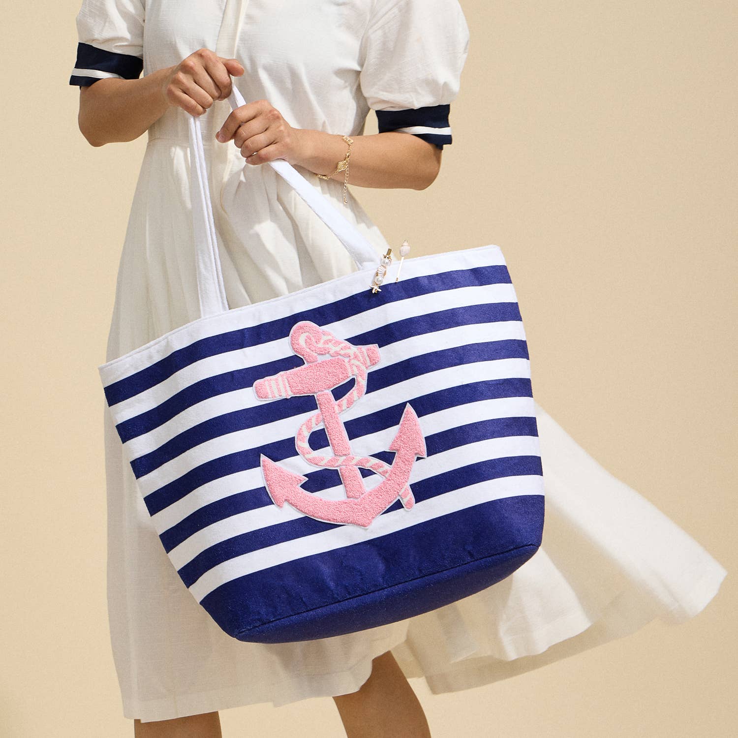 Striped Tote Bag with Anchor Design: Navy / One / 5AG78016