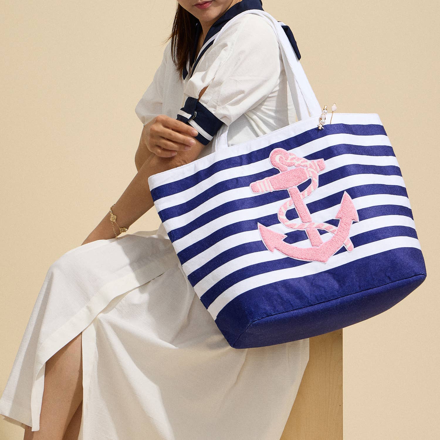 Striped Tote Bag with Anchor Design: Navy / One / 5AG78016