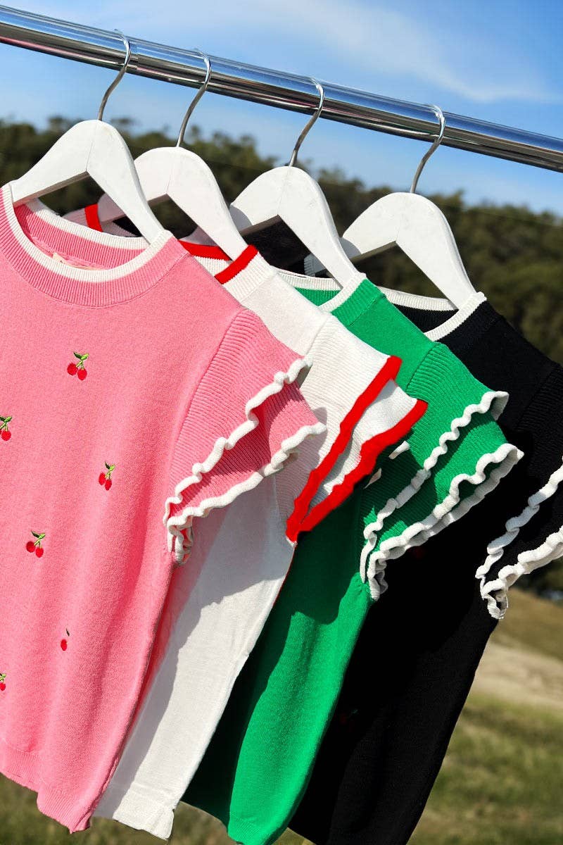 Cherry Embroidered Ruffle Sleeve Knitted Sweater VT82252B-: Green / L