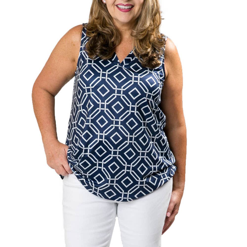 Printed Amy Top- Sale Green and Navy Geometric / Small