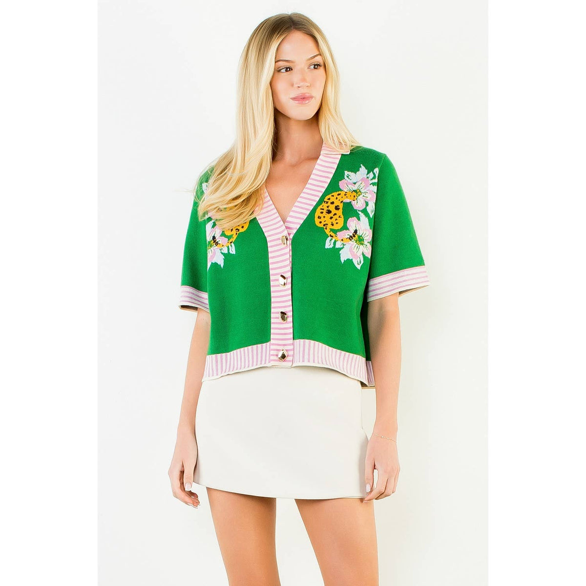 THML Button Up Collared Tiger Print Cardigan: GREEN