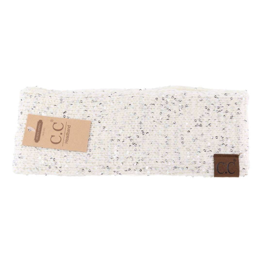 Fuzzy Lined Scatter Sequin Fashion Headband for Women: Ivory/Silver