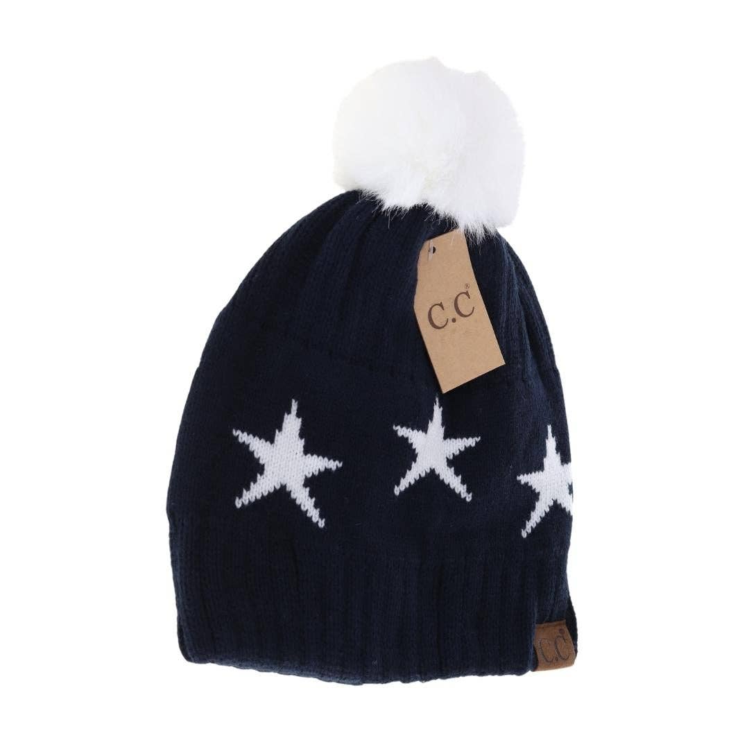 Star Print Pom C.C Beanie HAT4023: Navy