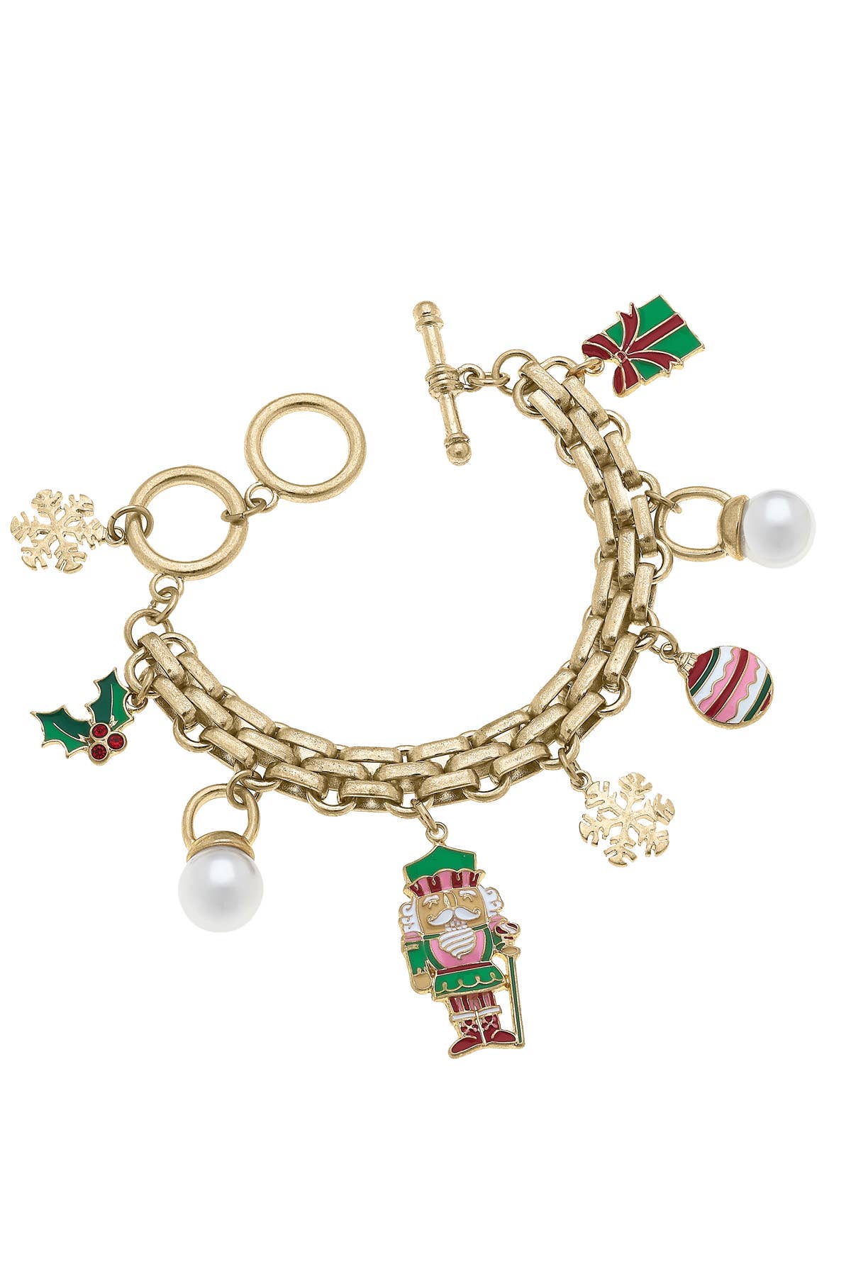Naughty Nutcracker Enamel Charm Bracelet in Pink & Green by Canvas Style