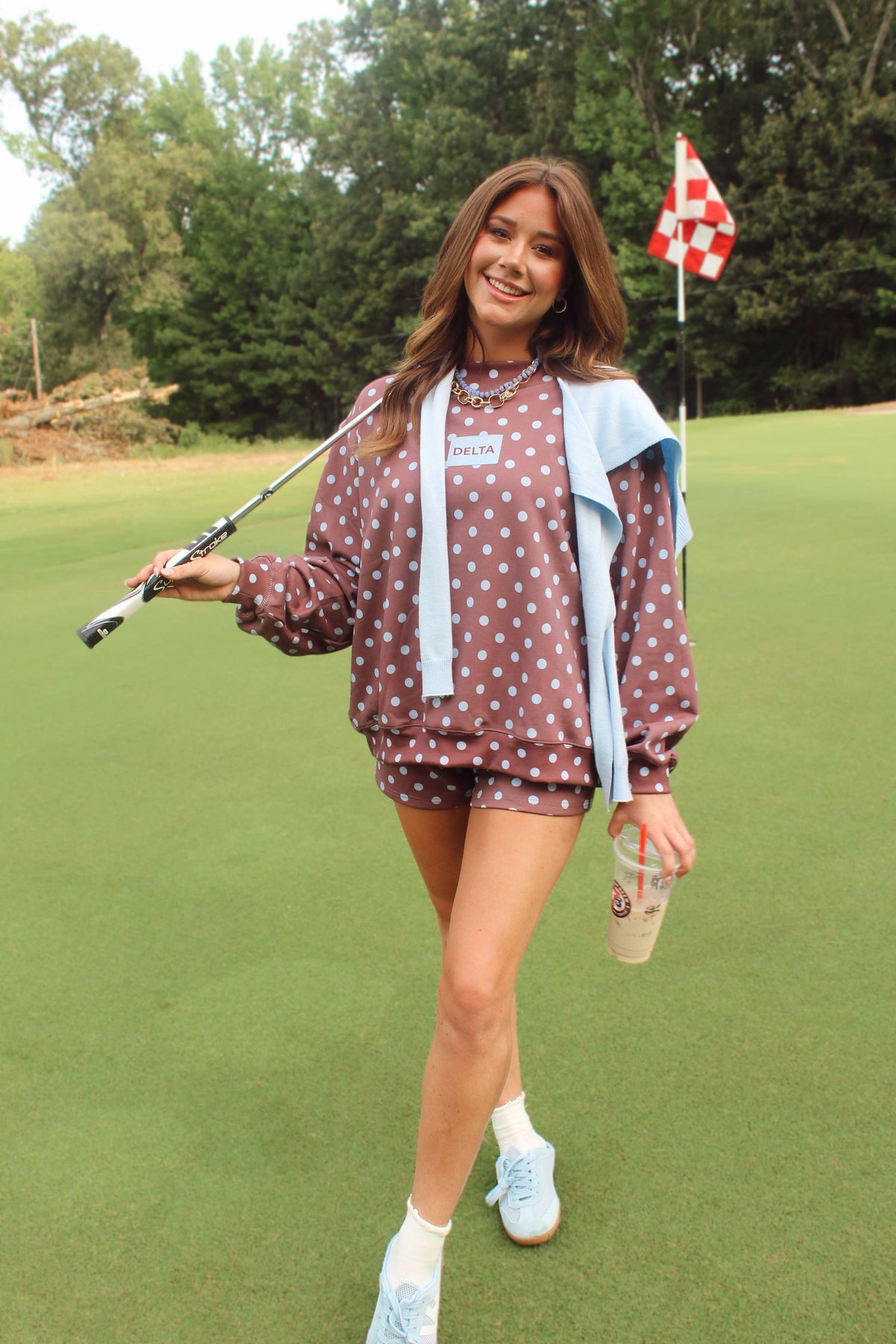 Brown & Blue Dot Delta T Mockneck Set: S/M