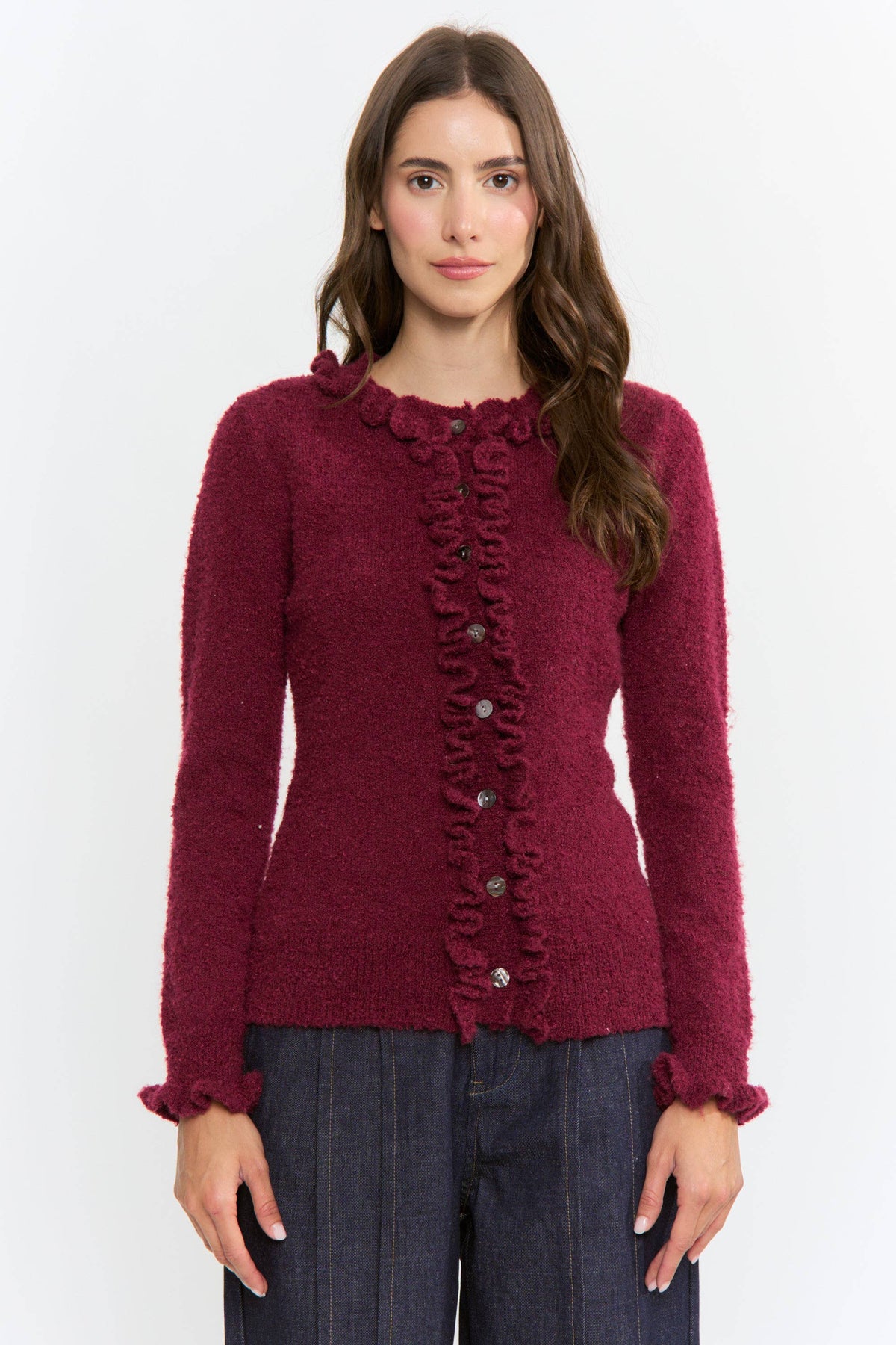 CEW26312 COZY RUFFLED-TRIMMED CARDIGAN: Burgundy / S-M-L(3-2-1)
