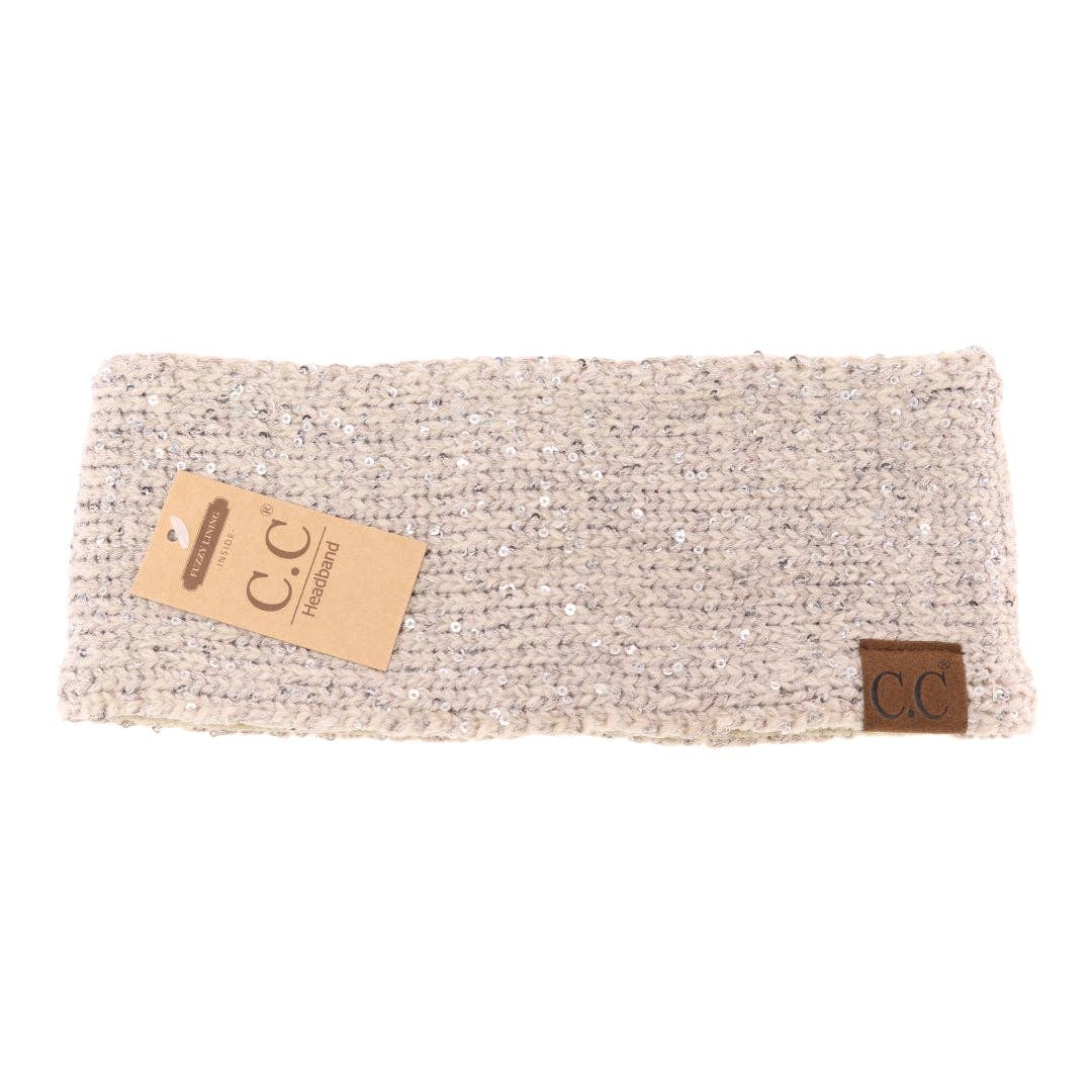 Fuzzy Lined Scatter Sequin Fashion Headband for Women: Beige/Silver