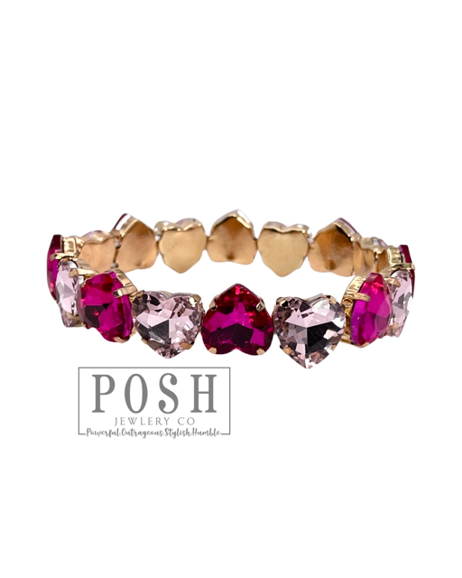 Heart rhinestone stretch bracelet, Valentines Day: Pink