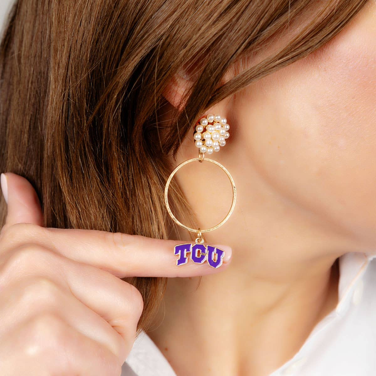 TCU Horned Frogs Pearl Cluster Enamel Hoop Earrings
