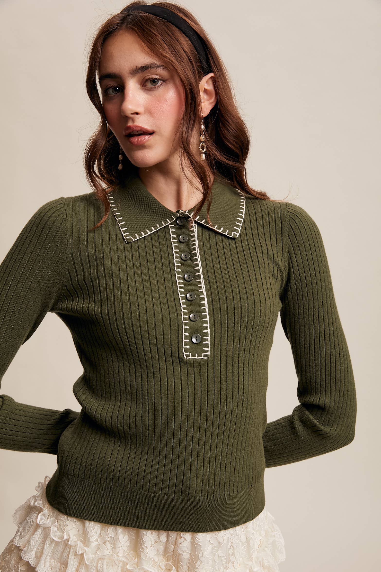 Contrast Stitch Ribbed Knit Top LSW0998: Black / M