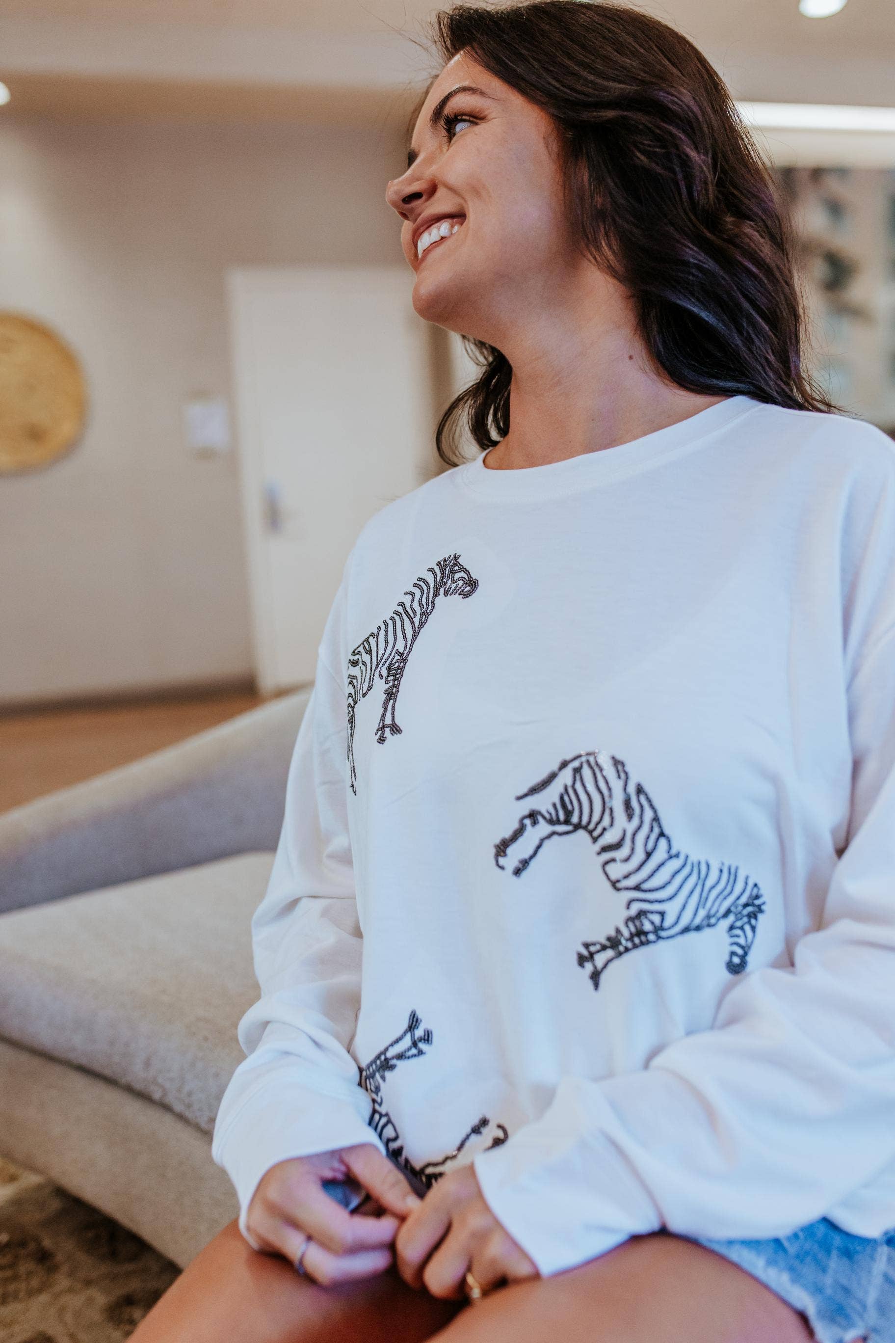 Blurred Lines Sequin Embroidery Zebra Sweatshirt: White