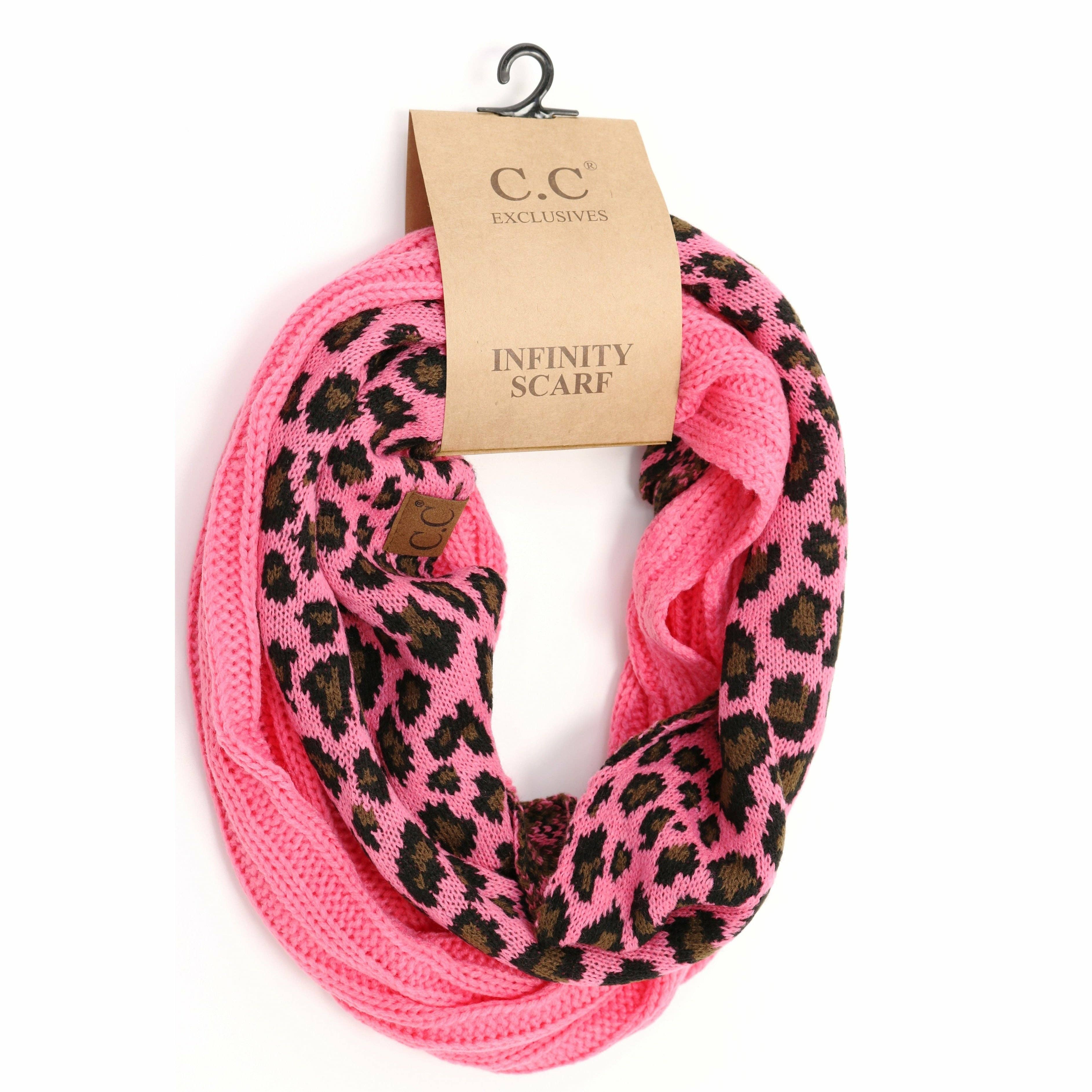 Ribbed Knit Leopard Accent CC Infinity Scarf SF80: Black