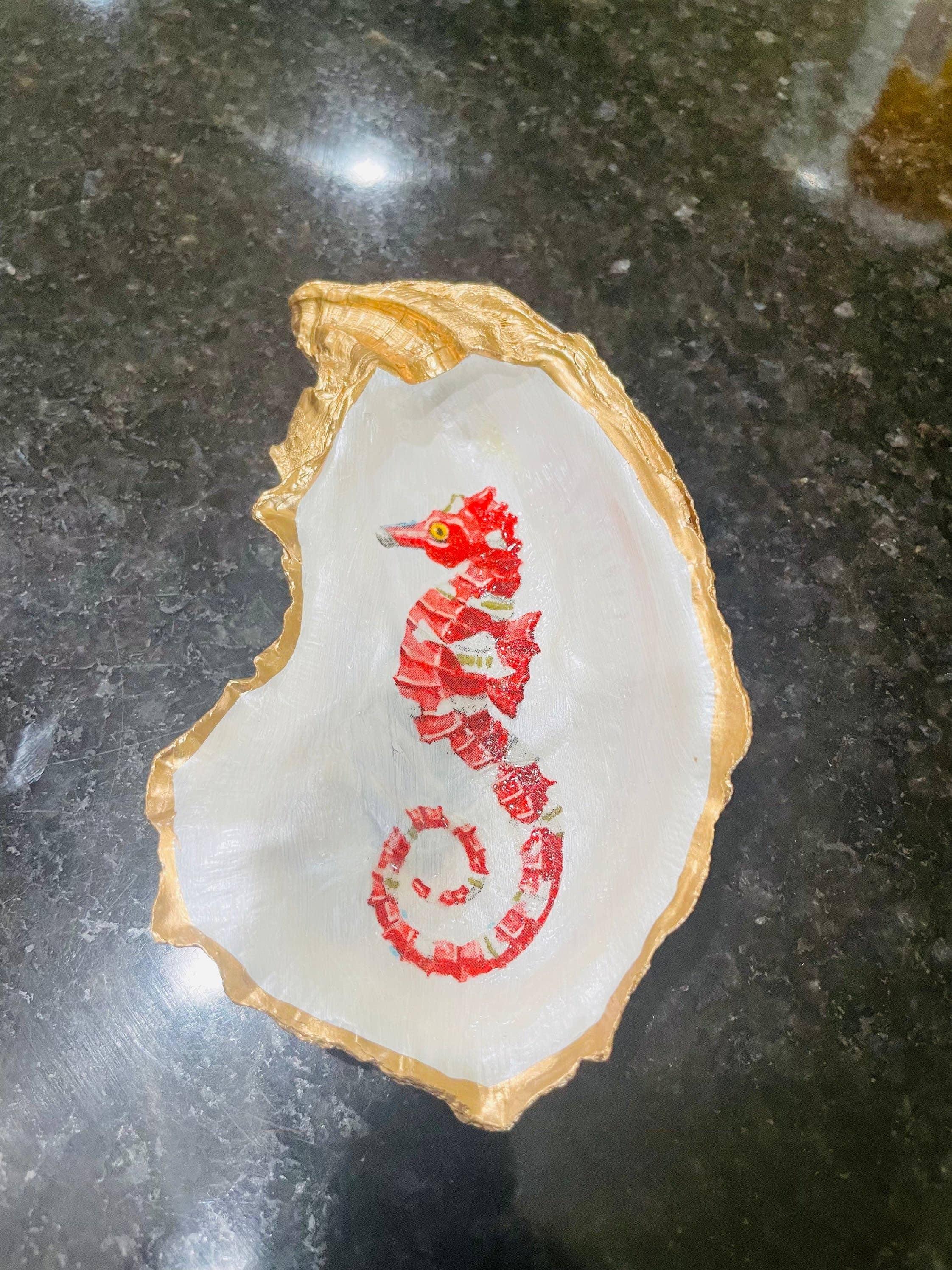 Oyster Shell trinket Dish, Seahorse Oyster Trinket Dish: Red