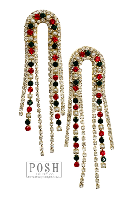 Arched rhinestone fringe earring: Multi-Color/Silver