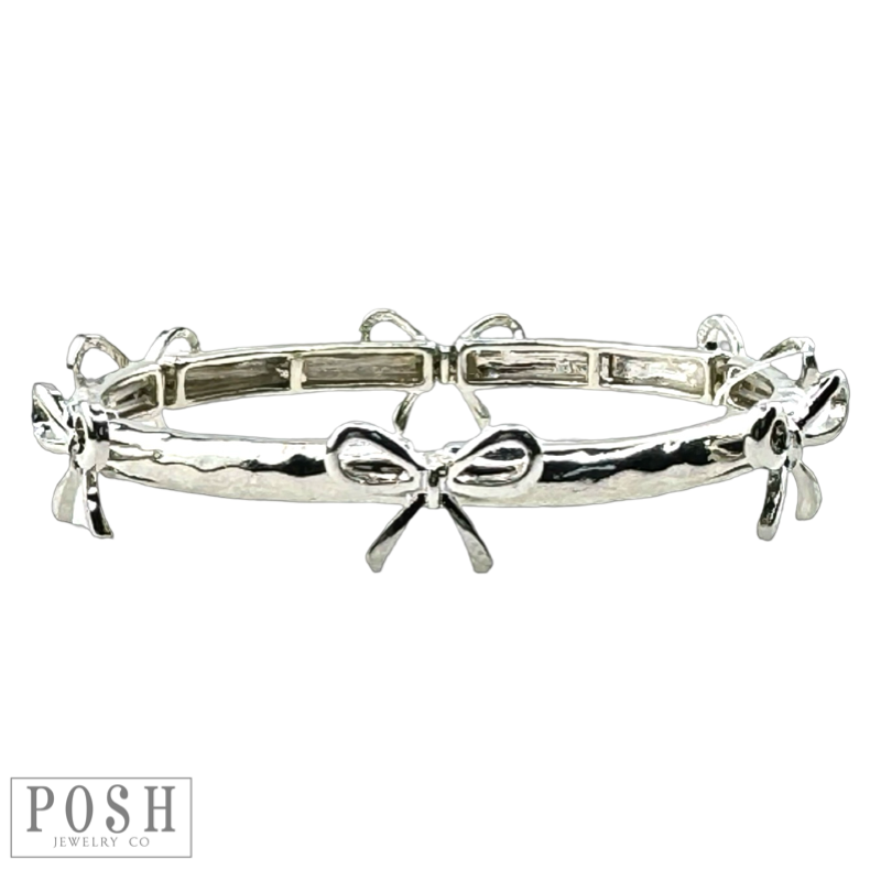 Stretch bangle bracelet with bow charms: Silver